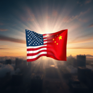 Concept image of two national flags merging with dramatic light background – political merger 2030